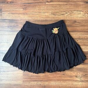 Vintage Black Y2K Tired Ruffle Mini Skirt Sequin Flower Applique Fairy Grunge